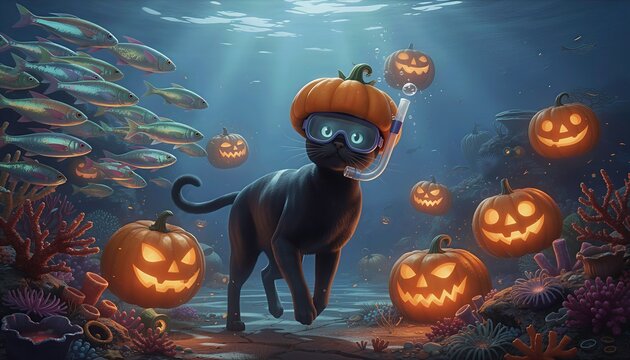 cute black cat in a snorkeling mask and a pumpkin hat swims underwater among glowing jack-o'-lanterns, colorful corals, and a school of fish. snorkeling and Halloween.
