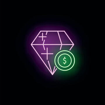 Neon pink diamond and green dollar coin symbolizing wealth and luxury