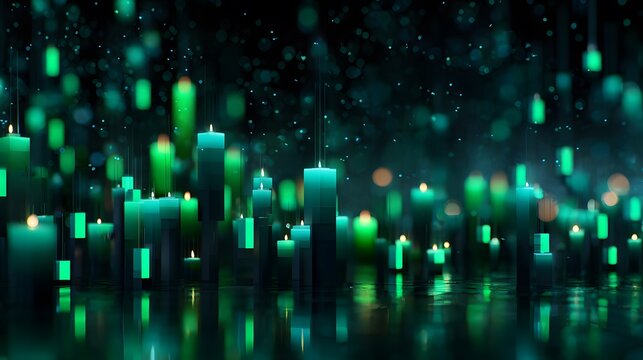 Abstract green candles with bokeh and reflections create a mystical atmosphere