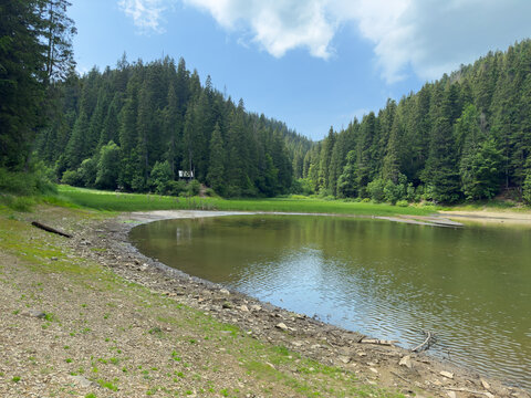 Lake Synevyr, surrounded by forest and the Carpathian Mountains in summer. A Ukrainian national nature reserve and tourist resort