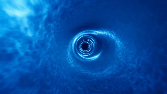 Blue glowing vortex rotates with swirling particle trails and flowing mist in an abstract digital space. Animated texture shows circular vortex and glowing particle trails with rotating.