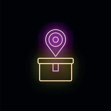 Neon box icon with location pin symbolizing package tracking and logistics