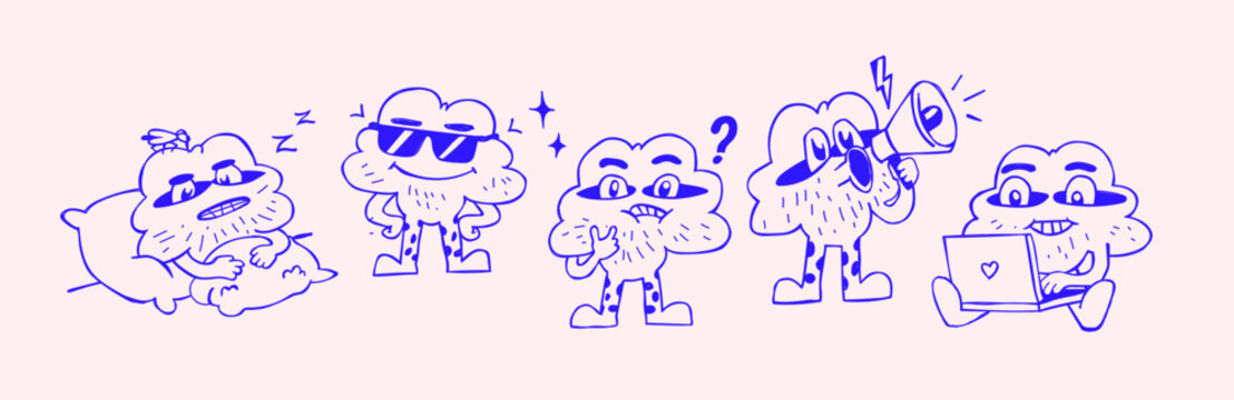 Line art cartoon cloud character set, retro outline doodle mascot sticker collection with groovy poses: sleeping, cool, shouting, working and thinking.