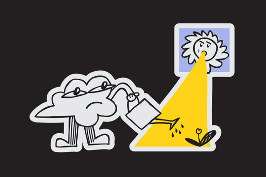 Retro cartoon cloud character mascot watering a plant in the sun, sticker style illustration about growth and care.