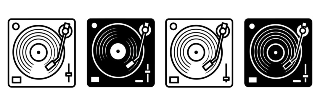 Retro vinyl turntable icons set, minimalist record player vector illustrations, black and white dj equipment graphics for music branding