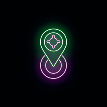Neon glowing map pin with target icon marking a specific location or destination