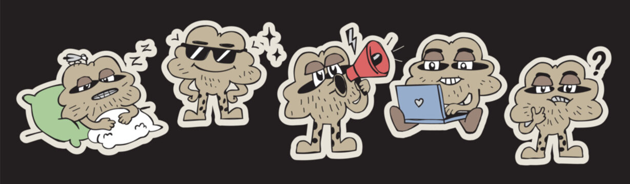 Funny retro cartoon character sticker set, five groovy mascot poses with different mood and emotion: sleeping, cool, shouting, working and thinking.