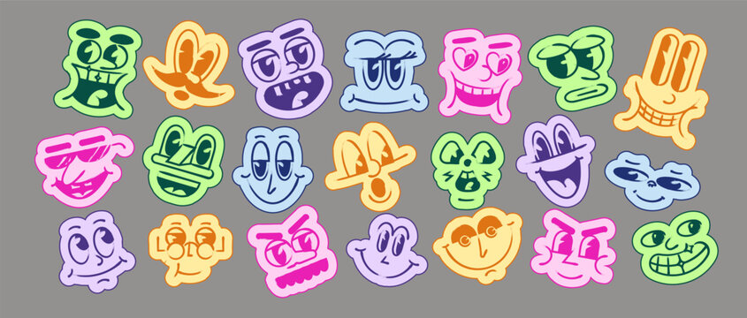 Groovy sticker set of retro cartoon face, funny vintage mascot expression with big eye and smile in classic rubber hose style.