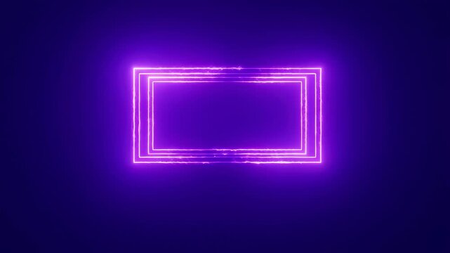 Three nested neon purple rectangular frames glow and flicker with electric energy on a dark digital screen. Animated scene combines rectangles and glowing lines with light.