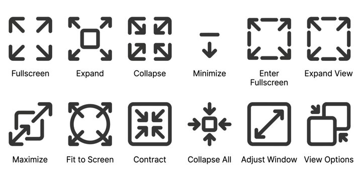 Minimalist fullscreen and expand icon set, 12 black line vector symbols for UI design, maximize and collapse window interface elements