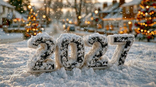 A serene Christmas morning scene featuring sculpted "2027" numbers in fresh snow, with soft lighting and falling snowflakes, evoking a magical holiday atmosphere.
