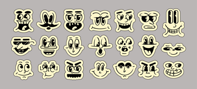 Sticker set of retro cartoon face, vintage comic mascot expression with funny eye, mouth and smile in classic rubber hose style.