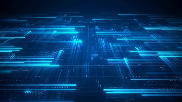 Digital grid of glowing blue lines and particles flows forward in a dark environment. Smooth animated scene for technology presentations and digital backgrounds.