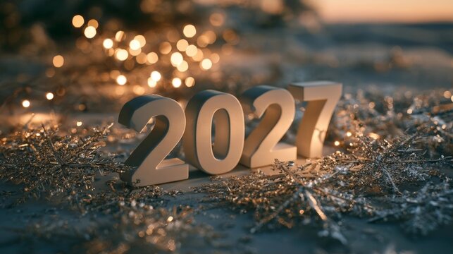 A high-detail product photograph of matte white "2027" numerals illuminated by warm holiday lights, surrounded by silver snowflakes with cinematic depth and luxury.