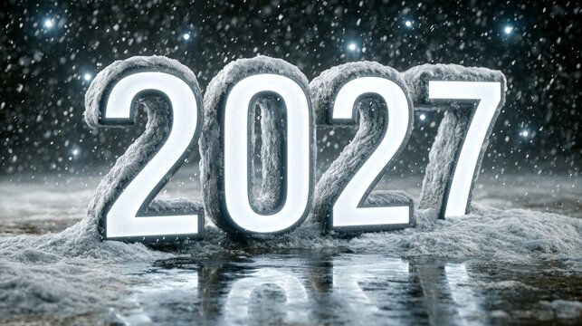 A luminous "2027" in bold white numerals surrounded by falling snow and glowing reflections on a glossy surface, creating a festive winter holiday atmosphere.