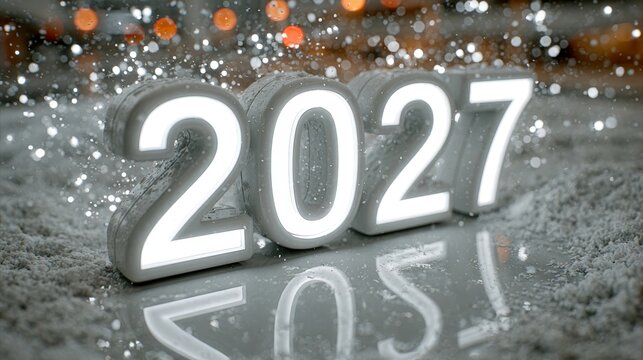 A luminous "2027" displayed on a glossy mirrored surface with glowing snow particles and cinematic lighting, evoking a premium winter holiday atmosphere.