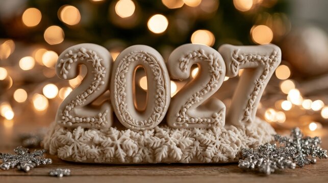 A high-detail product photograph of a matte white "2027" sculpture adorned with intricate patterns, surrounded by silver snowflakes and warm bokeh lights, evoking a luxurious winter holiday atmosphere