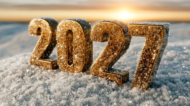 Golden glittering "2027" numerals stand on a snowy hill during a crisp winter sunrise with long cinematic shadows and sparkling ice crystals.