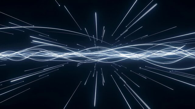 Glowing intertwined lines pulse and radiate light streaks against a dark background. Animated scene combines lines and light streaks with layered visual depth.