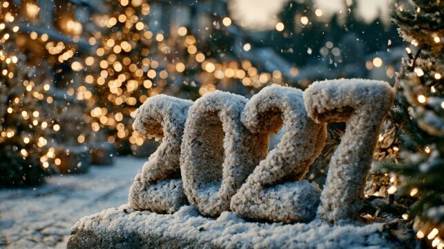 A snow-covered "2027" sculpture in a magical winter park with twinkling lights and falling snow, creating a cinematic holiday atmosphere.