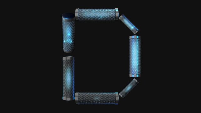 A drag and drop overlay letter that is made up from animated metallic tubes that pulsate and rotate.
