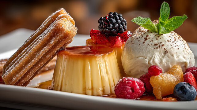 Close-up of Mexican desserts featuring flan, churros and tres leches cake with cinnamon and berries, shallow depth of field, premium commercial food photography, no people