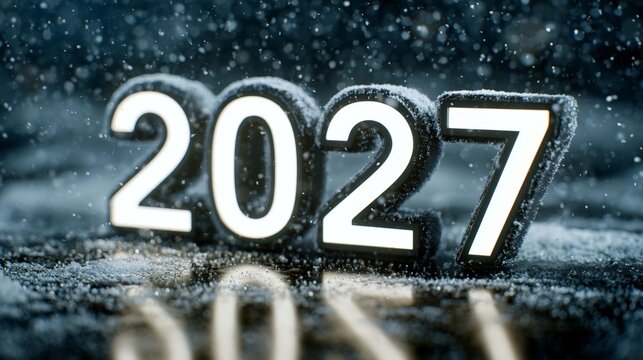 A luminous "2027" number sculpture surrounded by glowing snow particles on a reflective surface, evoking a premium winter holiday atmosphere.
