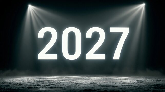 A luminous "2027" number floats above a frosty surface under cinematic spotlights, evoking a high-end winter aesthetic with a minimalist and refined product presentation.