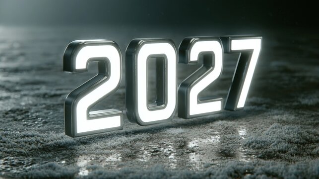 A luminous white "2027" floats above a frosty surface under cinematic volumetric lighting, evoking a high-end winter aesthetic.