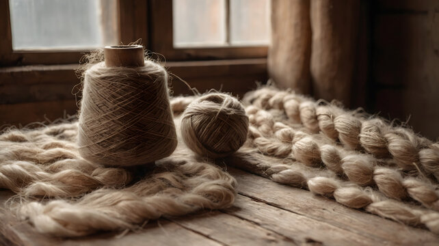 Cozy vintage knitting wool yarn spools and thread