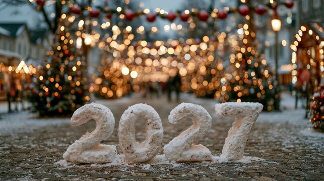 A festive winter scene featuring snow-carved "2027" numbers in a holiday park with glowing lights and decorated trees.