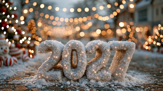 A festive winter scene featuring a snow-carved "2027" illuminated by warm lights, surrounded by holiday decorations and bokeh lights in a park.