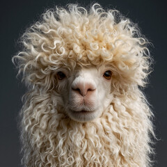Naklejka premium Adorable white curly alpaca looking directly at camera against dark background