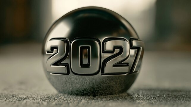 A sleek chrome sphere with the year "2027" embedded, set against a frosty matte surface under soft diffused lighting, creating cinematic reflections and gradients.