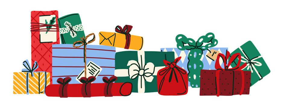 Large Collection of Christmas Gift Boxes and Wrapped Holiday Presents with Ribbon Bows Hand Drawn Illustration
