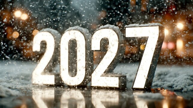 A luminous "2027" display in a snowy winter scene with glowing lights and reflective surfaces, evoking a festive and premium holiday atmosphere.