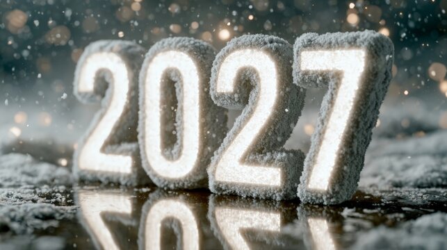 A luminous "2027" numerals set in snowy texture on a reflective surface, surrounded by glowing snow particles under cinematic lighting.