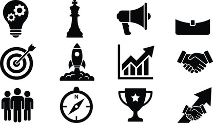 Fototapeta premium Set of black business and management icons representing strategy, growth, and corporate success