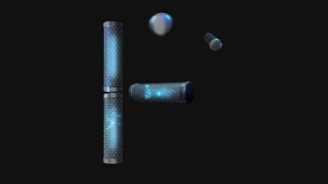 A drag and drop overlay letter that is made up from animated metallic tubes that pulsate and rotate.
