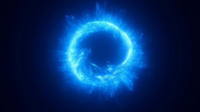 Blue particles flow and swirl to form a glowing circular energy ring on a dark background. Animated scene combines particles and glowing ring with light.