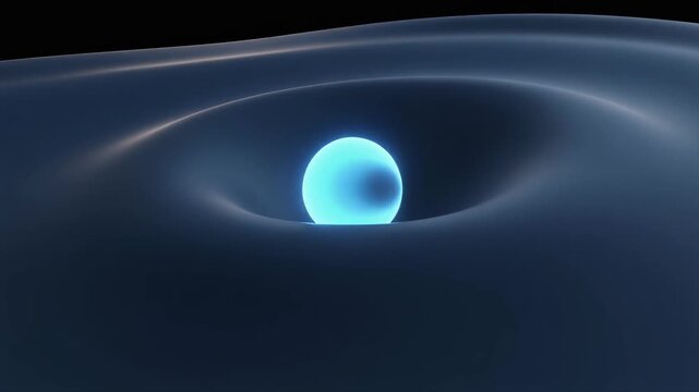Glowing sphere moving across a curved gravitational field in a clean physics visualization. Suitable for physics education, STEM, science presentations, research, and educational content.