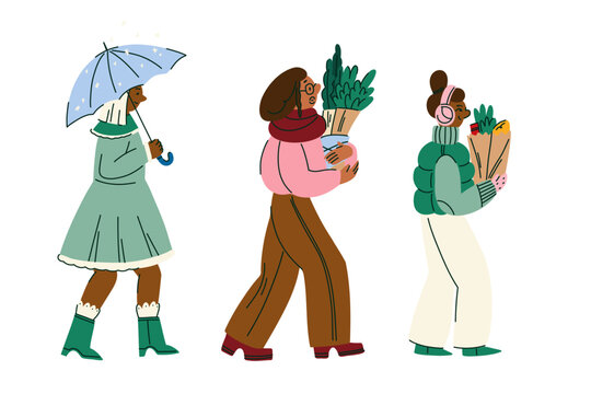 Women Carrying Christmas Tree and Grocery Bags During Winter Walk, Cozy Seasonal Lifestyle Illustration for Eco Living, Local Shopping, Holiday Marketing and Editorial Design
