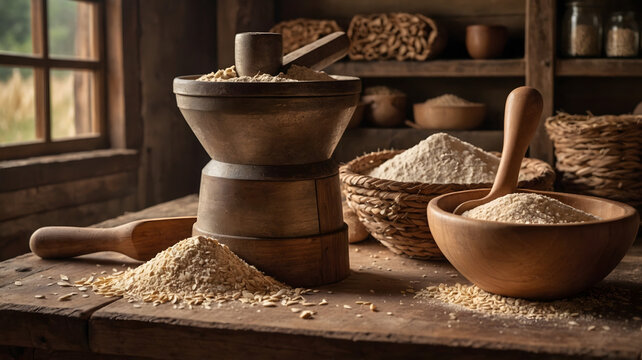  Traditional dark wood mortar with raw flour grains