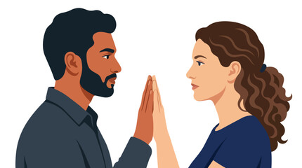 Fototapeta premium Interracial couple palm touch connection and emotional intimacy modern flat vector illustration for marriage therapy services