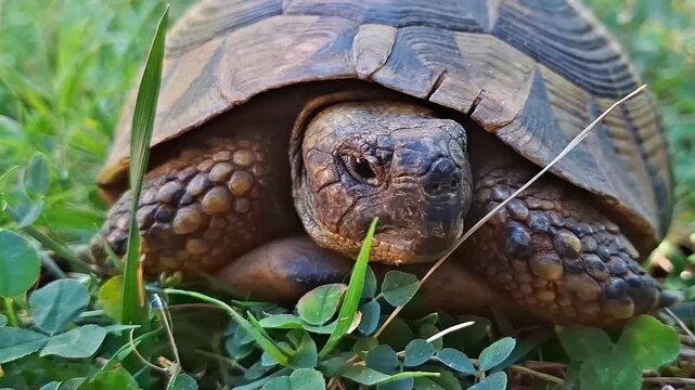 Land tortoise moving slowly through fresh green grass outdoors. Extreme close up
