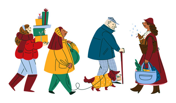 Winter Family and Senior Walking with Dog, Holiday Shopping Bags and Christmas Gifts, Cozy Community Lifestyle Illustration for Healthcare, Retail, Editorial and Seasonal Campaigns