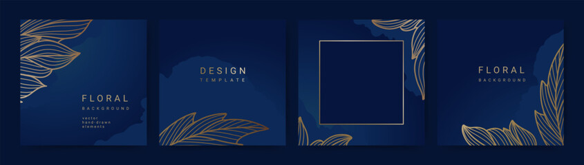 Naklejka premium Elegant luxury blue background with hand drawn golden line art floral pattern. Floral frame. Vector templates for wedding invitation, greeting card, packaging, branding, design, social media