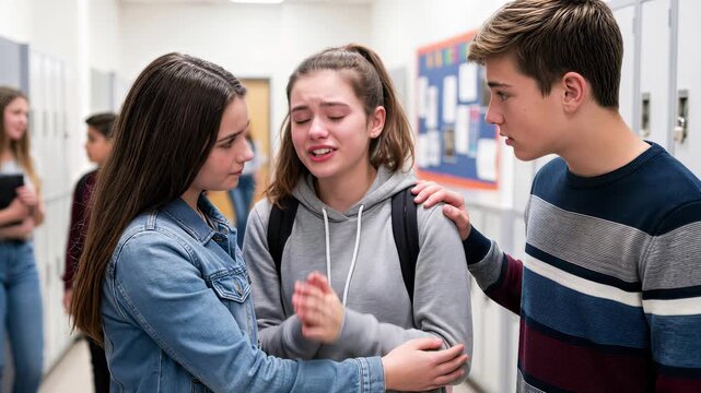 Teenage girl crying in school hallway while friends offer comfort and support. Emotional scene of peer empathy and mental health awareness. Medium shot with horizontal panning.