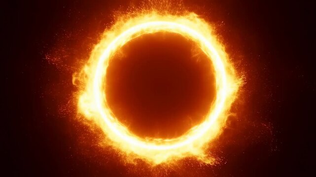 Glowing ring of fire flickers with bright orange and yellow flames on a dark background. Animated scene combines ring shape and flames with glowing light.