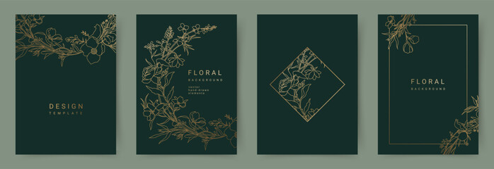 Fototapeta premium Elegant set of luxurious green backgrounds with hand drawn golden line art flower pattern. Floral frame. Vector templates for wedding invitation, greeting card, packaging, branding, design